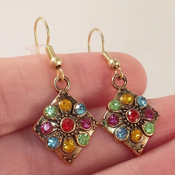 Gold Plated Multi Color Crystal Rhombus Shape Dangle Earrings Women's Party Gift - Picture 3 of 4